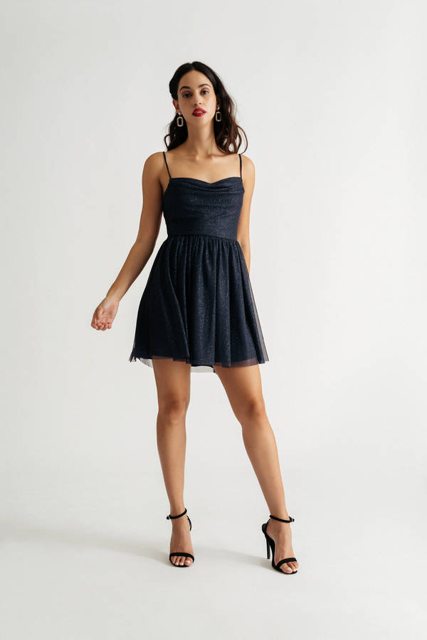 Chatting You Up Navy Cocktail Mesh Glitter Pleated Skater Mini Dress