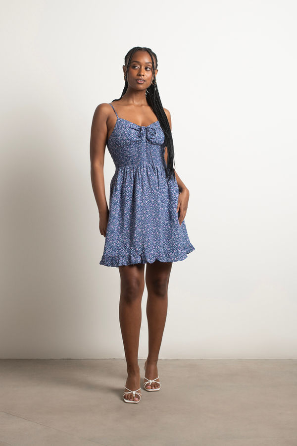 Cool And Calm Navy Ditsy Floral Smocked Skater Dress