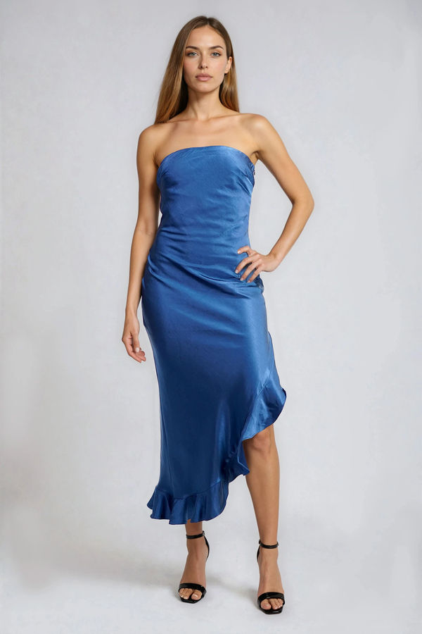 Dreamy Waves Strapless Rufle Midi Dress - Navy