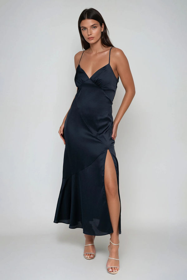 Emmalyn Satin Slit Midi Dress - Navy