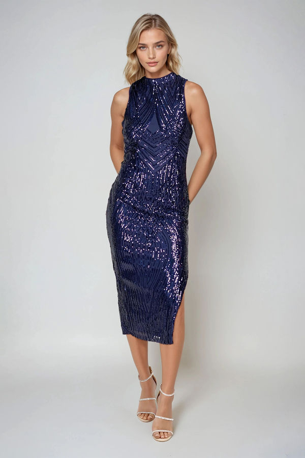 Happy Hour Open Back Sequin Midi Dress - Navy