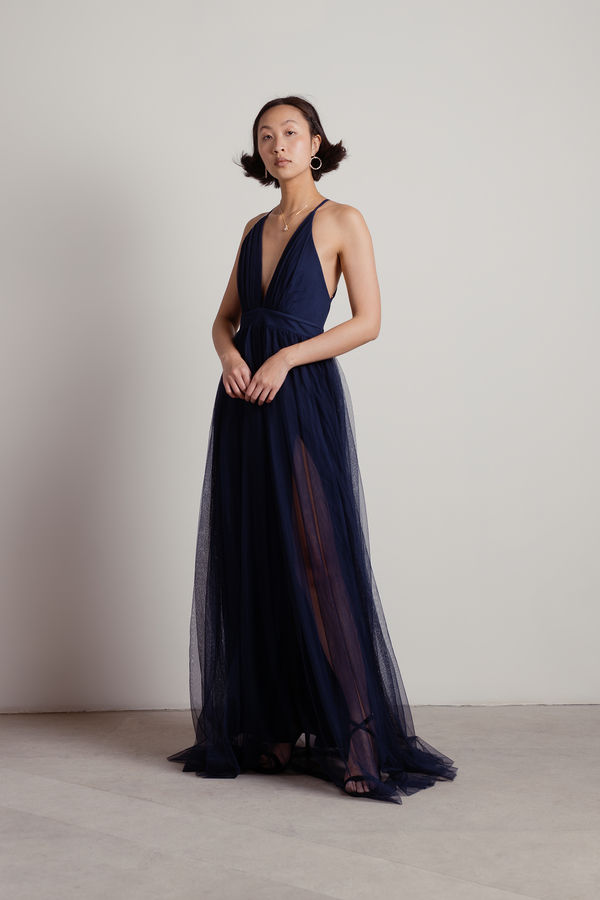 Here To Slay Navy Cocktail Plunging Maxi Dress