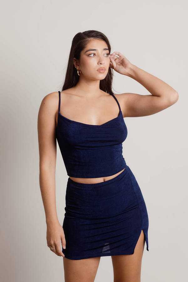 Invite Me Navy Cocktail Cowl Neck Crop Top And Skirt Set