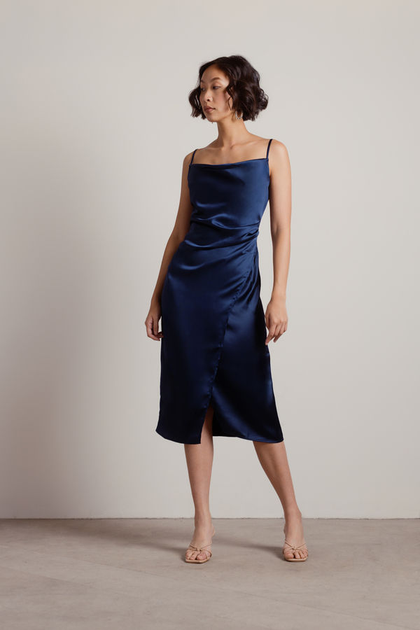 Maddy Satin Slit Midi Dress - Navy