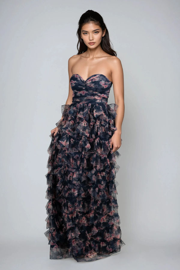Wildest Bloom Floral Ruffle Maxi Dress - Navy Pink