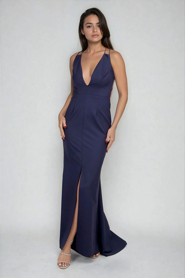 Pure Elegance Plunge Backless Maxi Dress - Navy