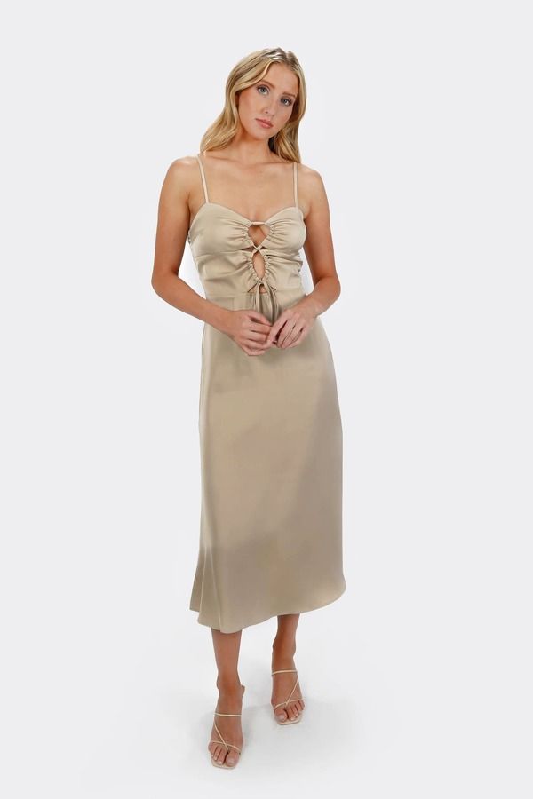 Ellianne Nude Ivory Midi Cocktail Wedding Guest Dress With Spaghetti Straps