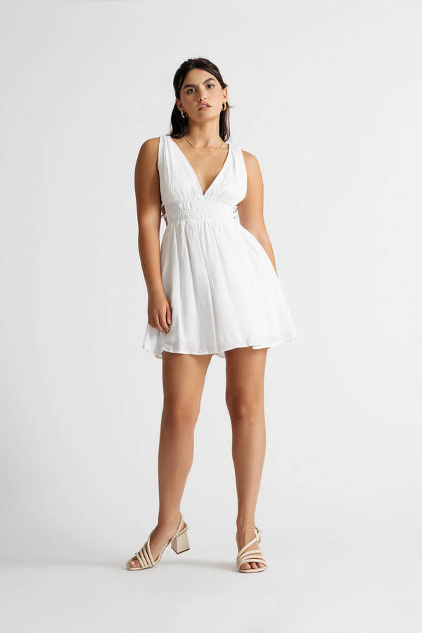 Braelyn Off White Ruched Side Cutout Skater Mini Dress