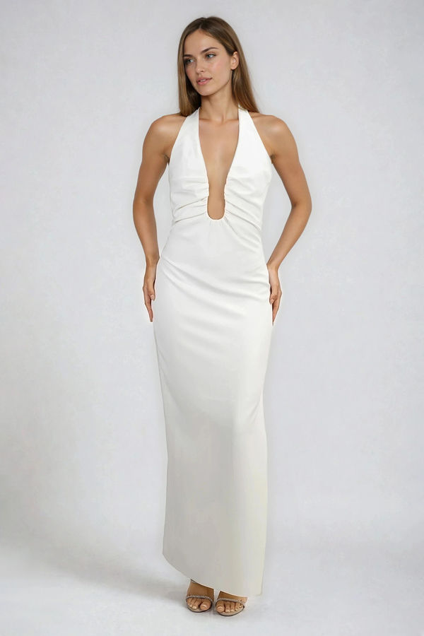 Celestial Dream Halter Plunge Maxi Dress - Off White