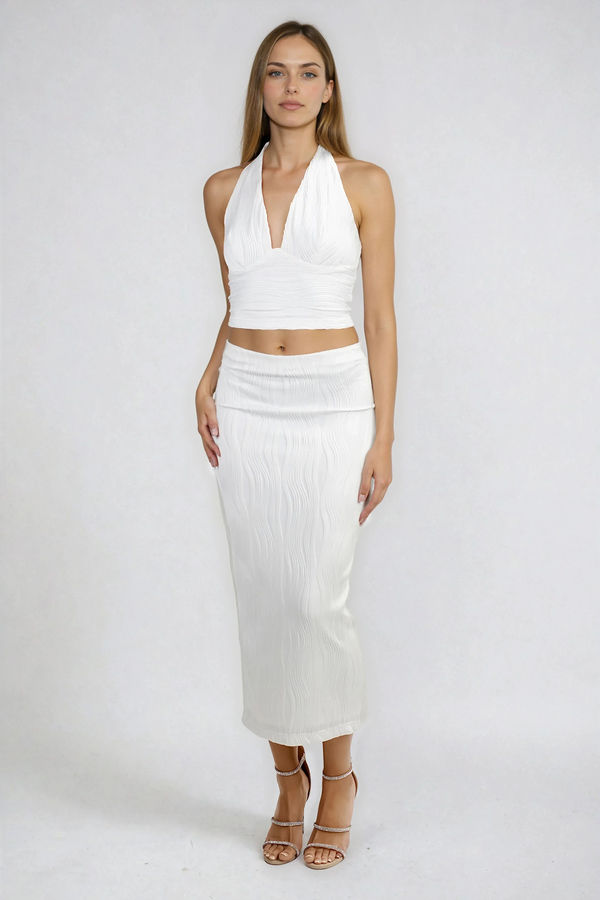 Chic on Repeat Halter Crop Top and Midi Skirt Set - Off White