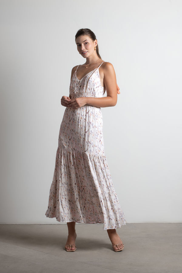 Count The Miles Off White Abstract Print Tiered Maxi Dress