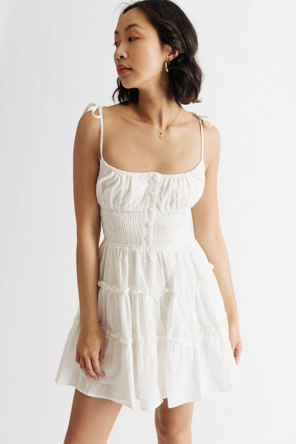 Evaline Off White Smocked Babydoll Ruffled Dress