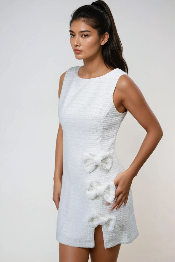 Golden Like Daylight Tweed Bow Mini Dress - Off White