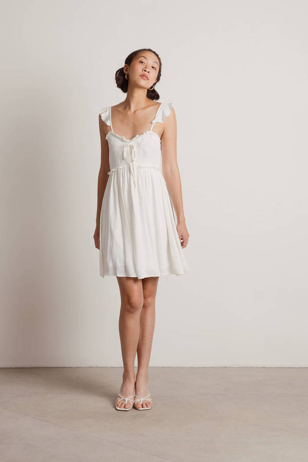 Guessing Game Off White Smocked Ruffle Flared Engagement Dress