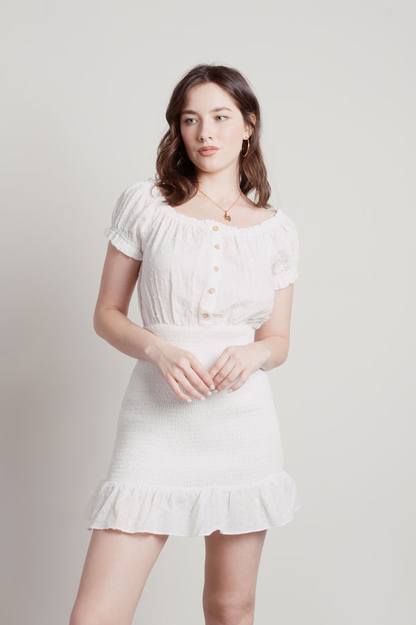 Hours Later Off White Smocked Swiss Dot Bodycon Mini Casual Dress