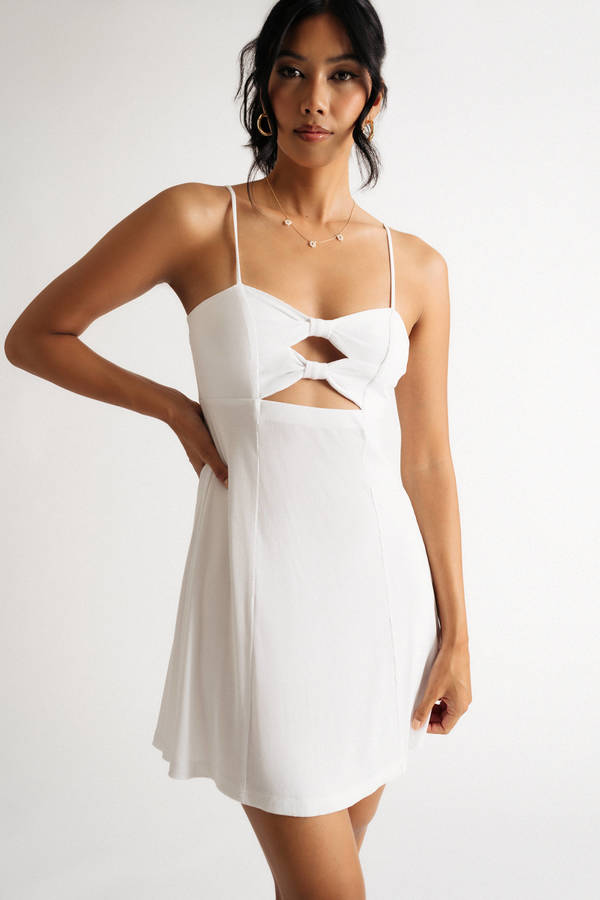 Maira Off White Ribbed Bow Tie Cutout Mini Dress