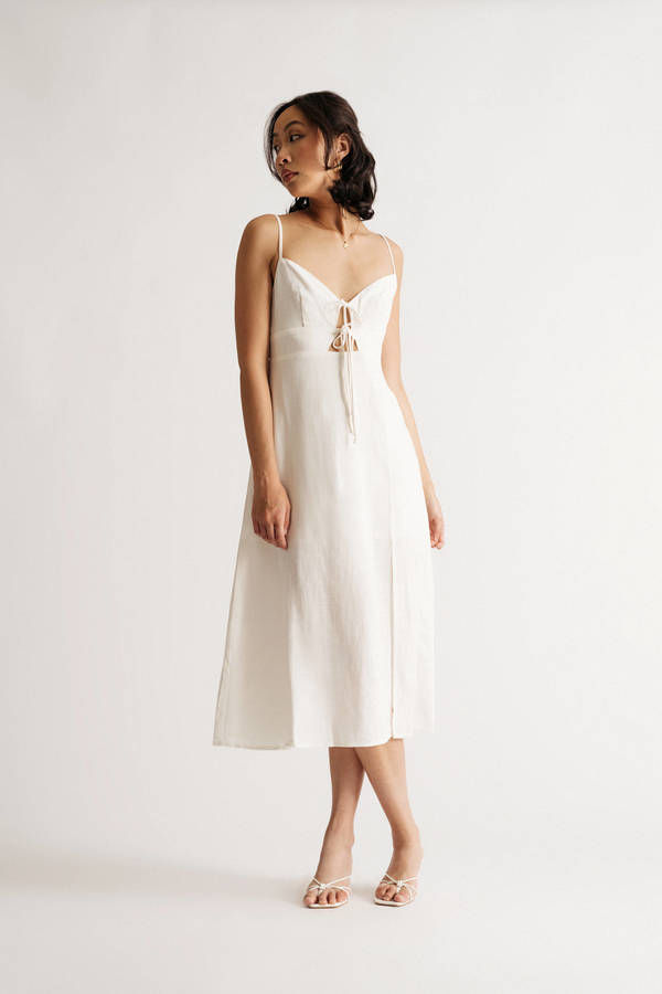 Rosalie Off White Linen Front Tie Midi Dress