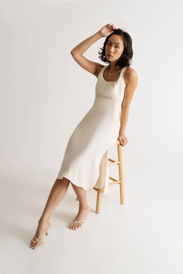 Something New Off White Cocktail Satin Ruched Midi Dress