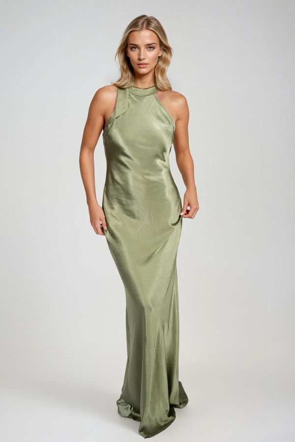 Catch You Staring Satin Open Back Maxi Dress - Olive