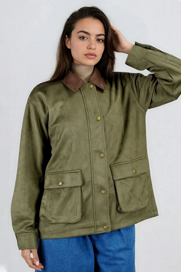 Easy Breezy Button Down Suede Jacket - Olive