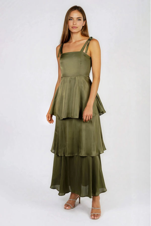 Fresh Prespective Tiered Satin Maxi Dress - Olive