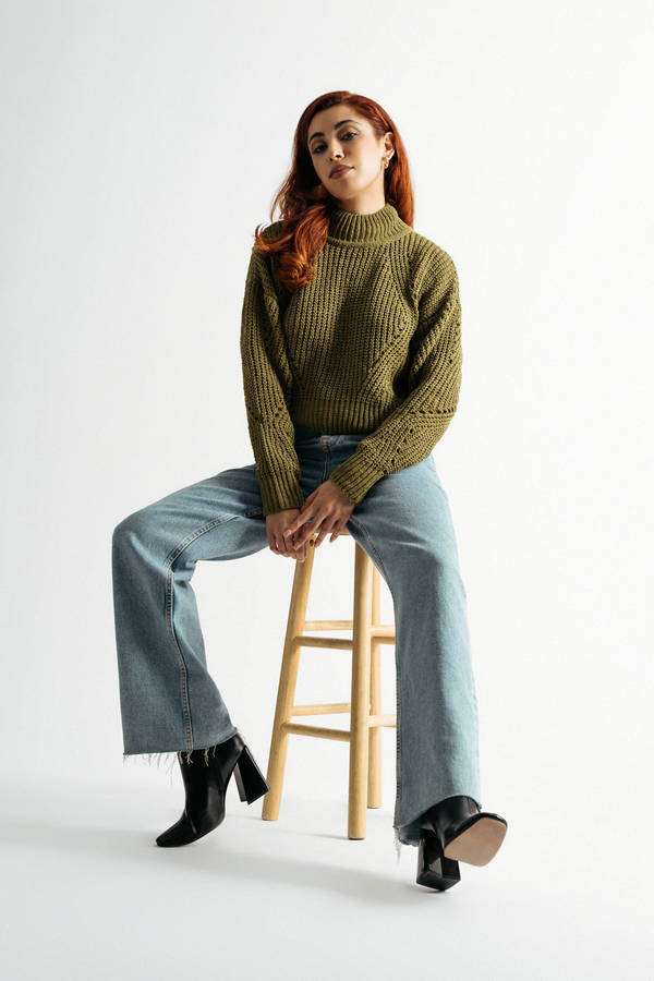 Keep It Flirty Olive Green Mock Neck Cropped Sweater