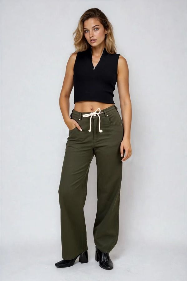Loose and Free Twill Drawstring Pants - Olive
