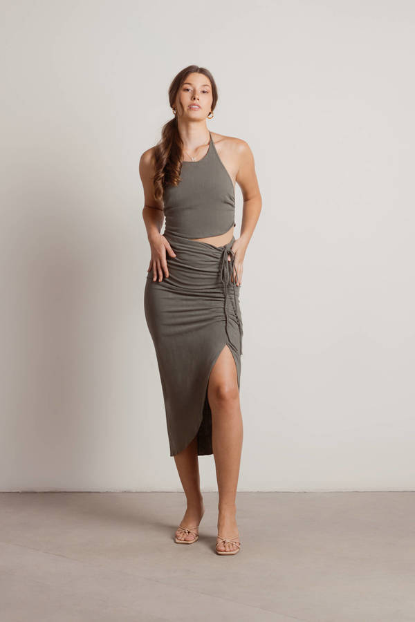 No Shame Olive Halter Crop Top And Drawstring Midi Skirt