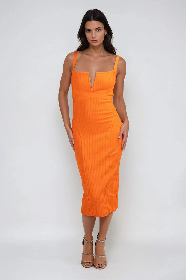 Bold Essence Ribbed Bodycon Midi Dress - Orange