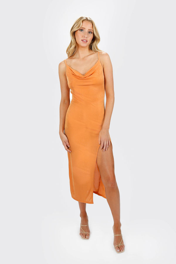 Come Thru Orange Slinky Knit Cowl Neck Slit Midi Summer Cocktail Dress