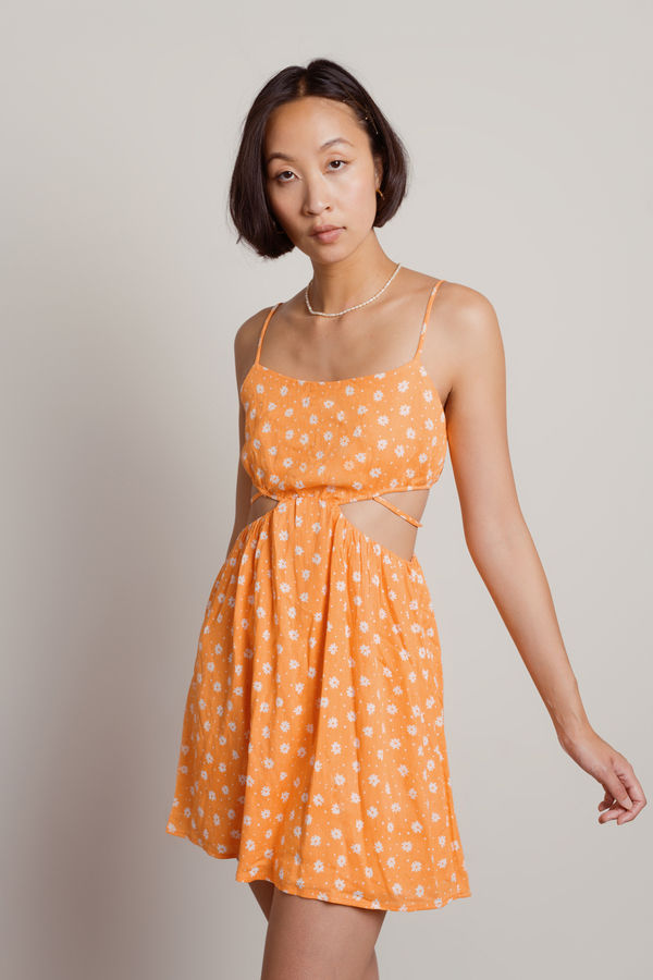 Juliet Orange Ditsy Floral Summer Side Cutout Skater Dress
