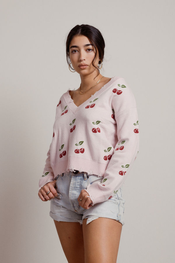 Cherrific Cherry Distressed V-Neck Sweater