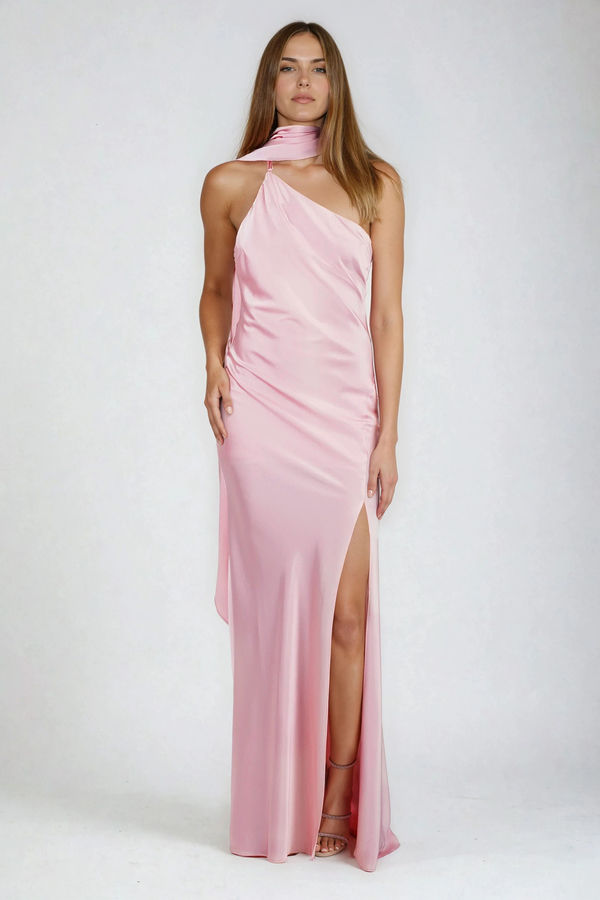 Dressed to Dazzle Drape Scarf Slit Maxi Dress - Pink