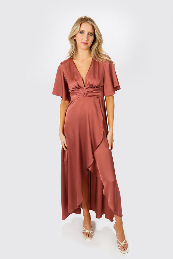 The Joy Of It Pink Satin Twist High-Low Maxi Short Sleeve Prom Dress