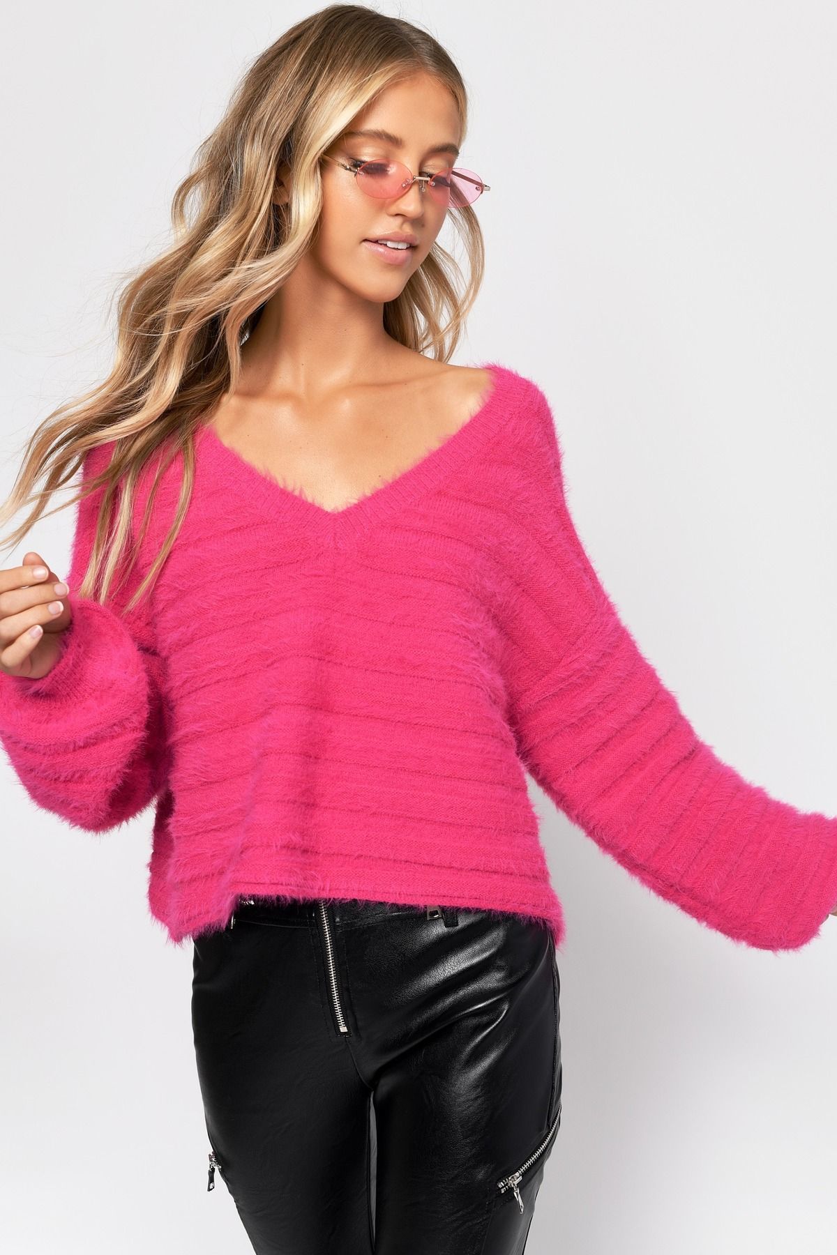 Hot Pink Sweater - Slouchy Sweater - Hot Pink Fuzzy Sweater