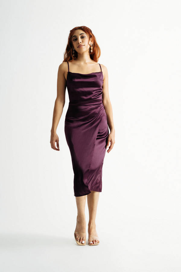 Emma Purple Cowl Neck Satin Slip Midi Dress