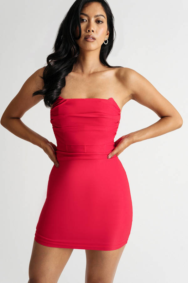 Annamarie Red Ruched Strapless Cocktail Mini Dress