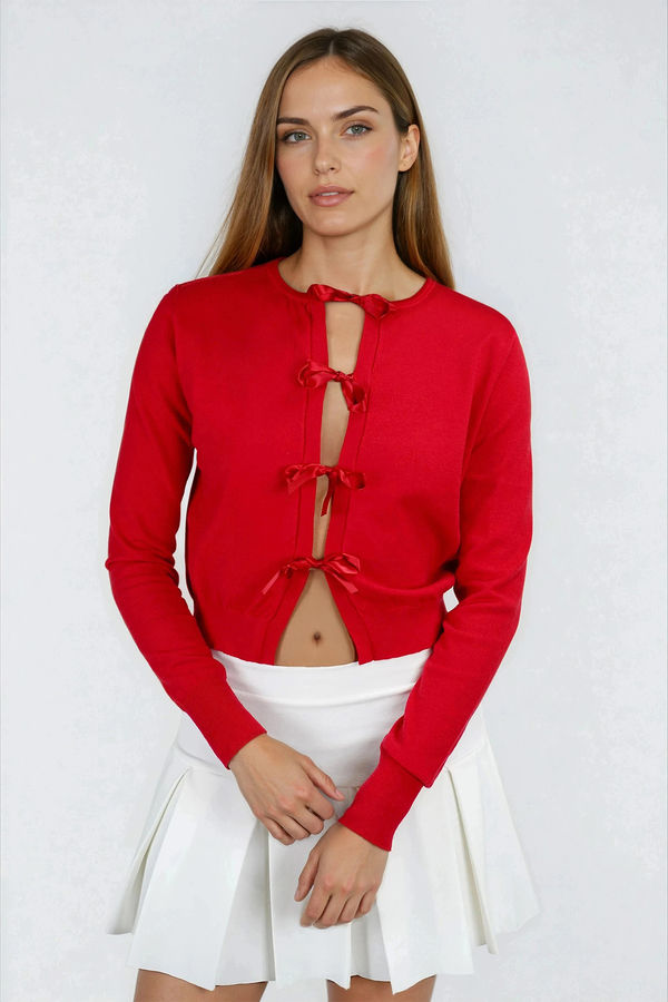 Light Snuggle Long Sleeve Bow Cardigan - Red