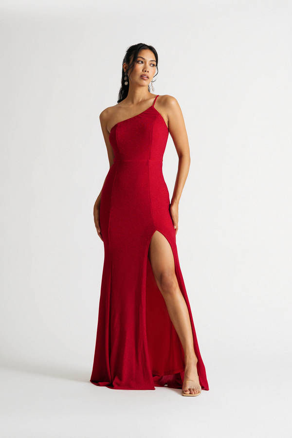 Maggie Red Bridesmaid Glitter One Shoulder Slit Maxi Dress
