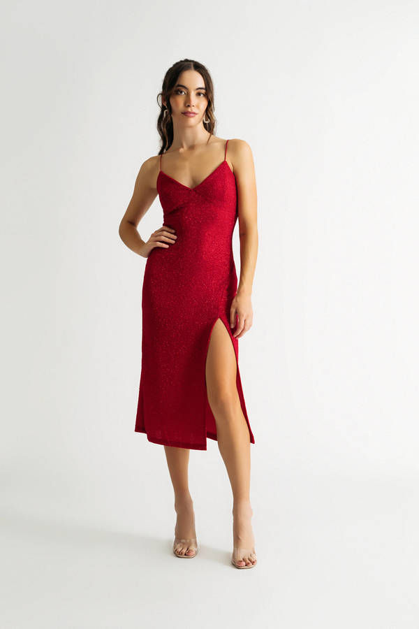 Meet Me At Our Spot Red Glitter Slit Midi Homecoming Dress