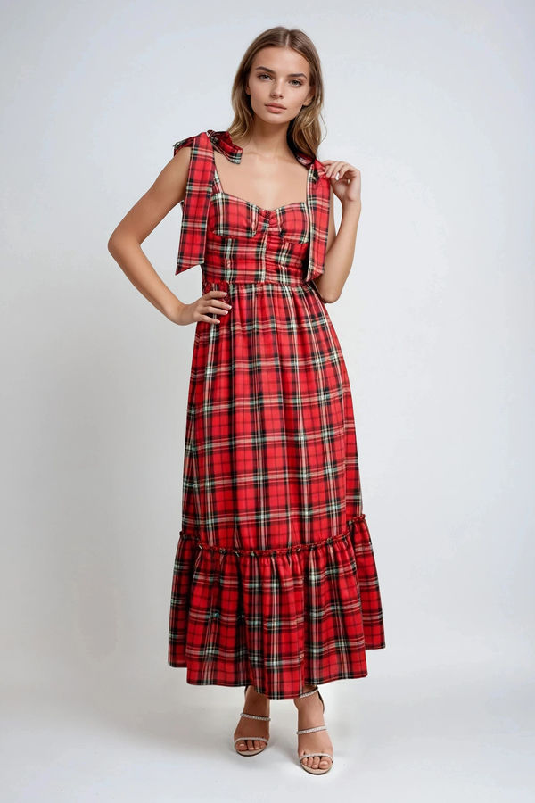 Festive Charm Plaid Bow Midi Dress - Red Multi