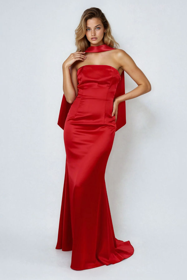 Subtle Slay Strapless Satin Maxi Dress - Red