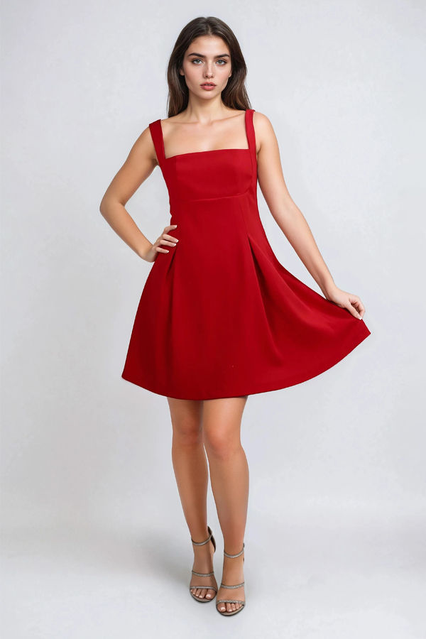 Sweet Embrace Square Neck A-line Mini Dress - Red