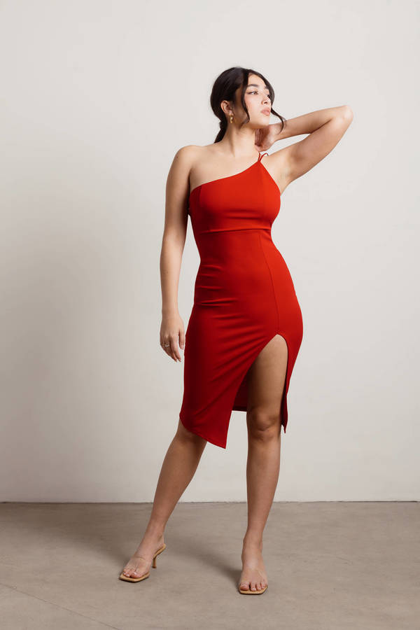 Yours Only Red One Shoulder Cocktail Slit Bodycon Midi Dress