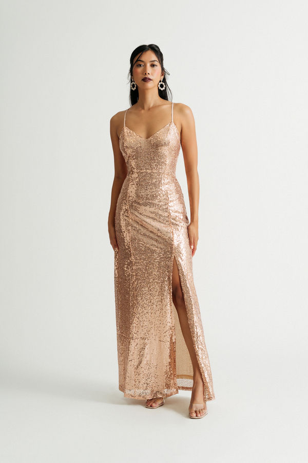 Quincy Rose Gold Sequin Prom Slit Maxi Dress