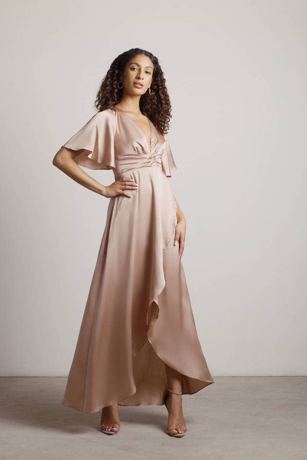 The Joy Of It Rose Gold Satin Twist High-Low Maxi Short Sleeve Prom Dress