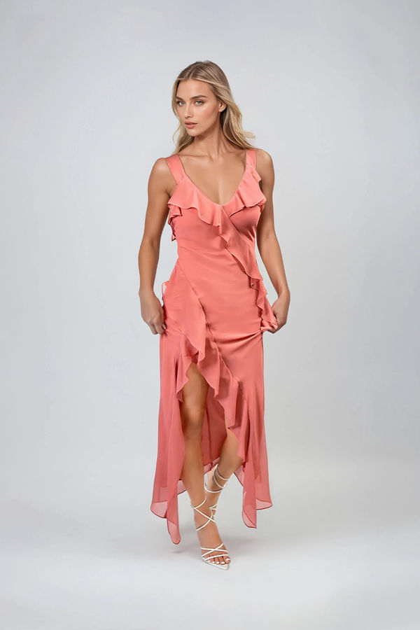 Lover's Gaze V Neck Ruffle Maxi Dress - Rose