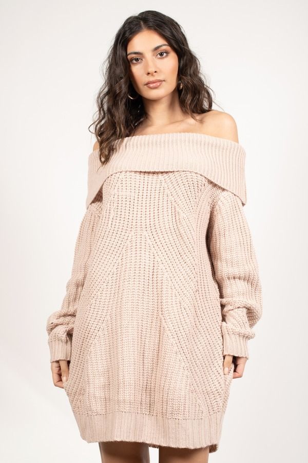 Rose Mini Dress - Rose Sweater Dress W/ Sleeves - Off Shoulder