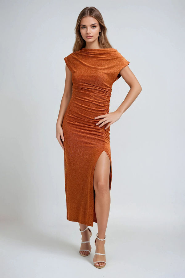 Velour Luxe Shimmer Slit Midi Dress - Rust