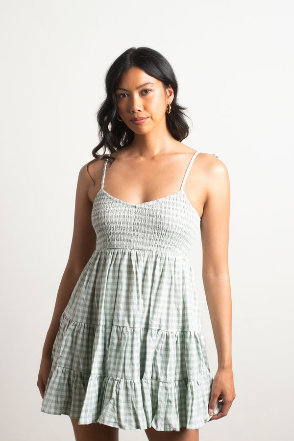 Carried Away Sage Gingham Tiered Babydoll Mini Dress